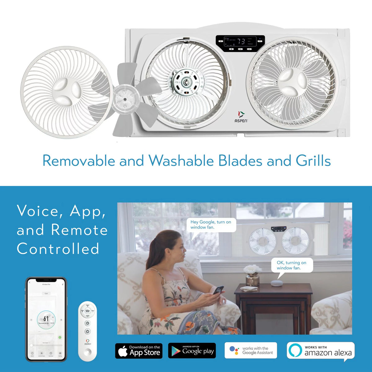 Smart Wi-Fi Window Fan with Washable Blades K2458