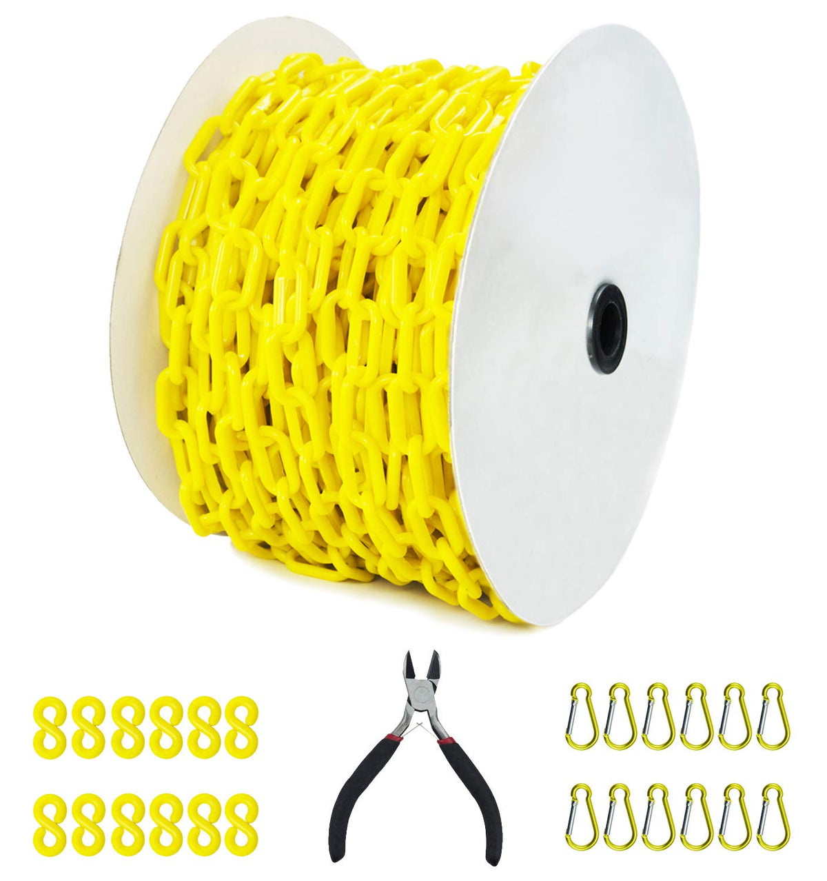 Yellow Plastic Safety Barrier Chain with 12 S-Hooks and 12 Carabiner Clips N8268