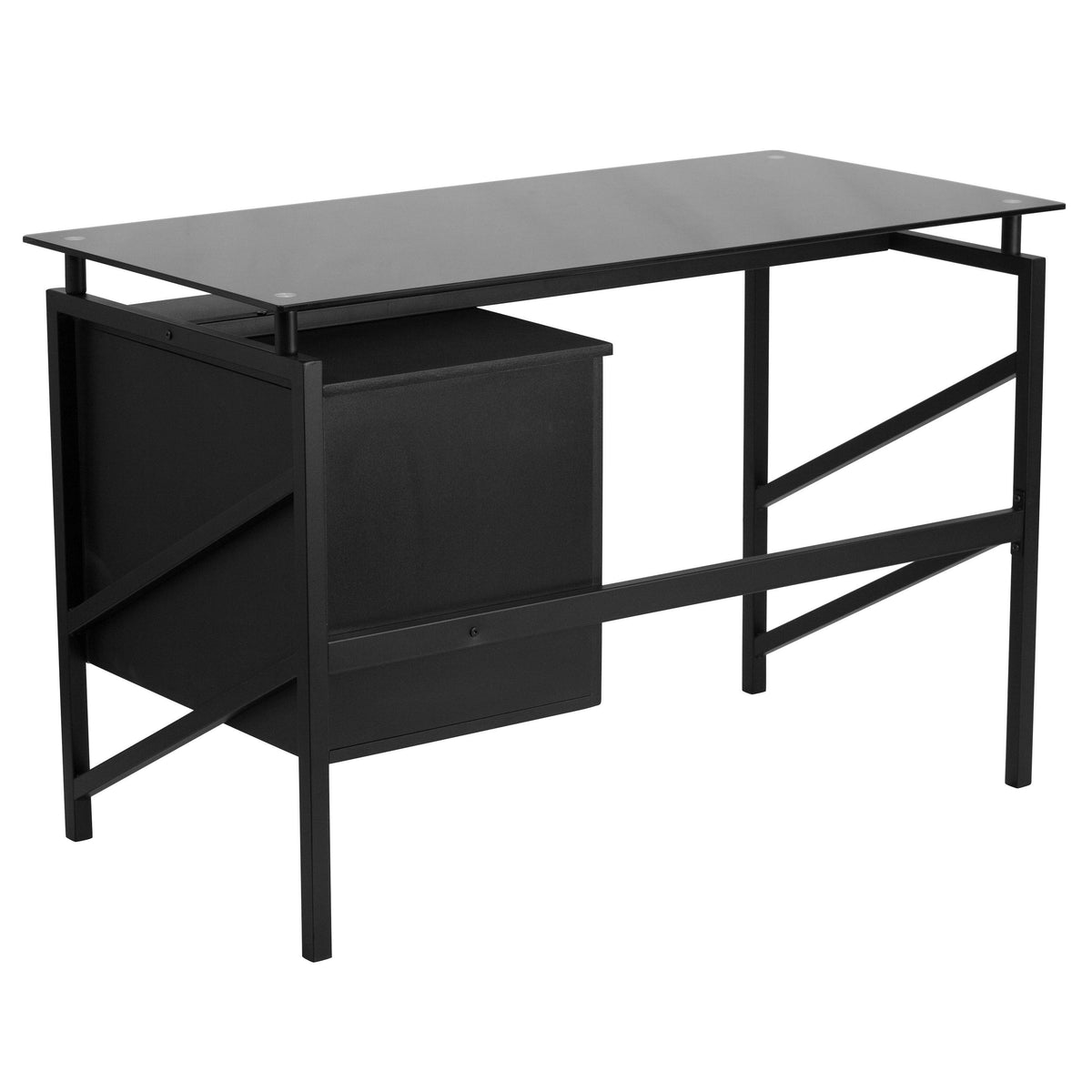 Black Two Drawer Pedestal Desk with Tempered Glass Top and Metal Frame Z913862