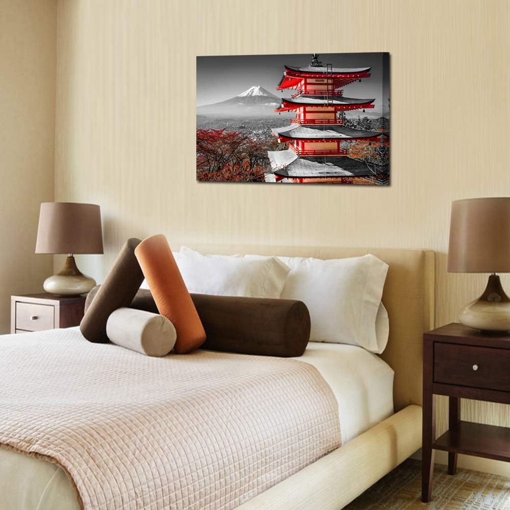 Black and White Photograph with Pop of Red on a Chinese Shrine Canvas Prints Wall Art Fall Landscape Photo to Canvas Giclee Artwork with Frame Ready to Hang Home Decor 24x36inch M1020