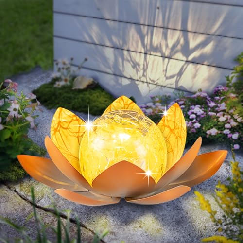 Solar Light Outdoor 2Pack Amber Crackle Glass Metal LED Flower Decoration Q80979
