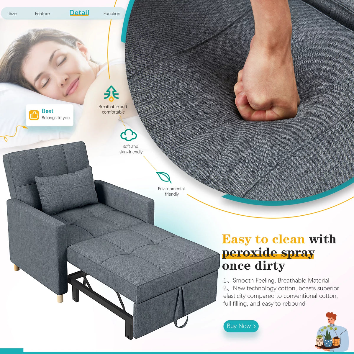 Dark Grey Sleeper Sofa Chair with Extra Pillow A3366