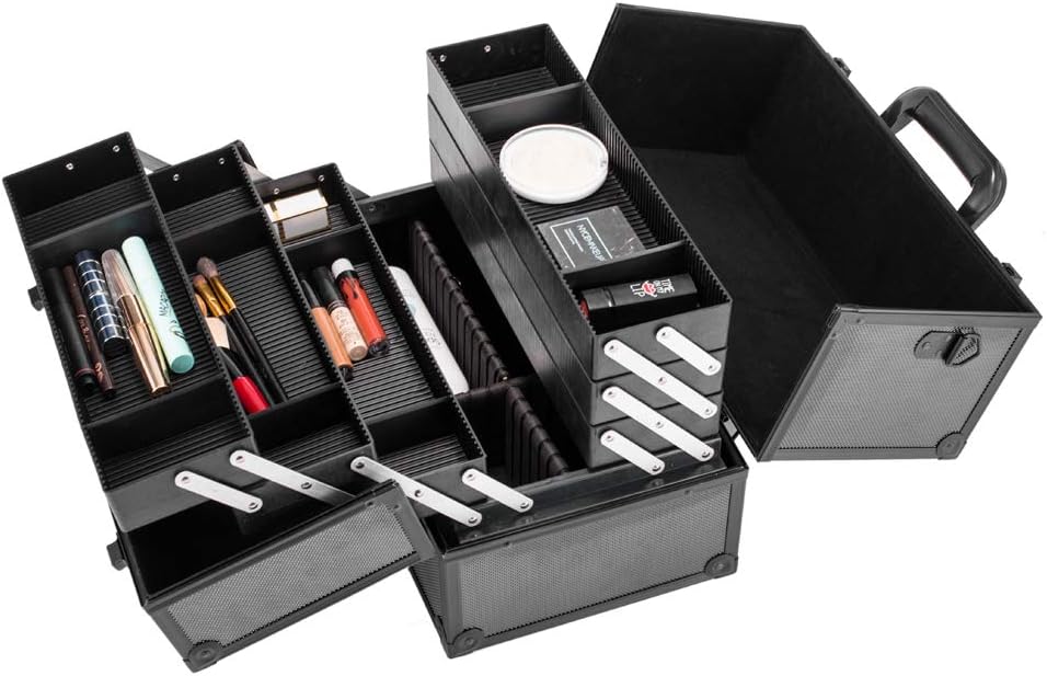Portable Makeup Train Case with Lock and Compartments, black Y43909