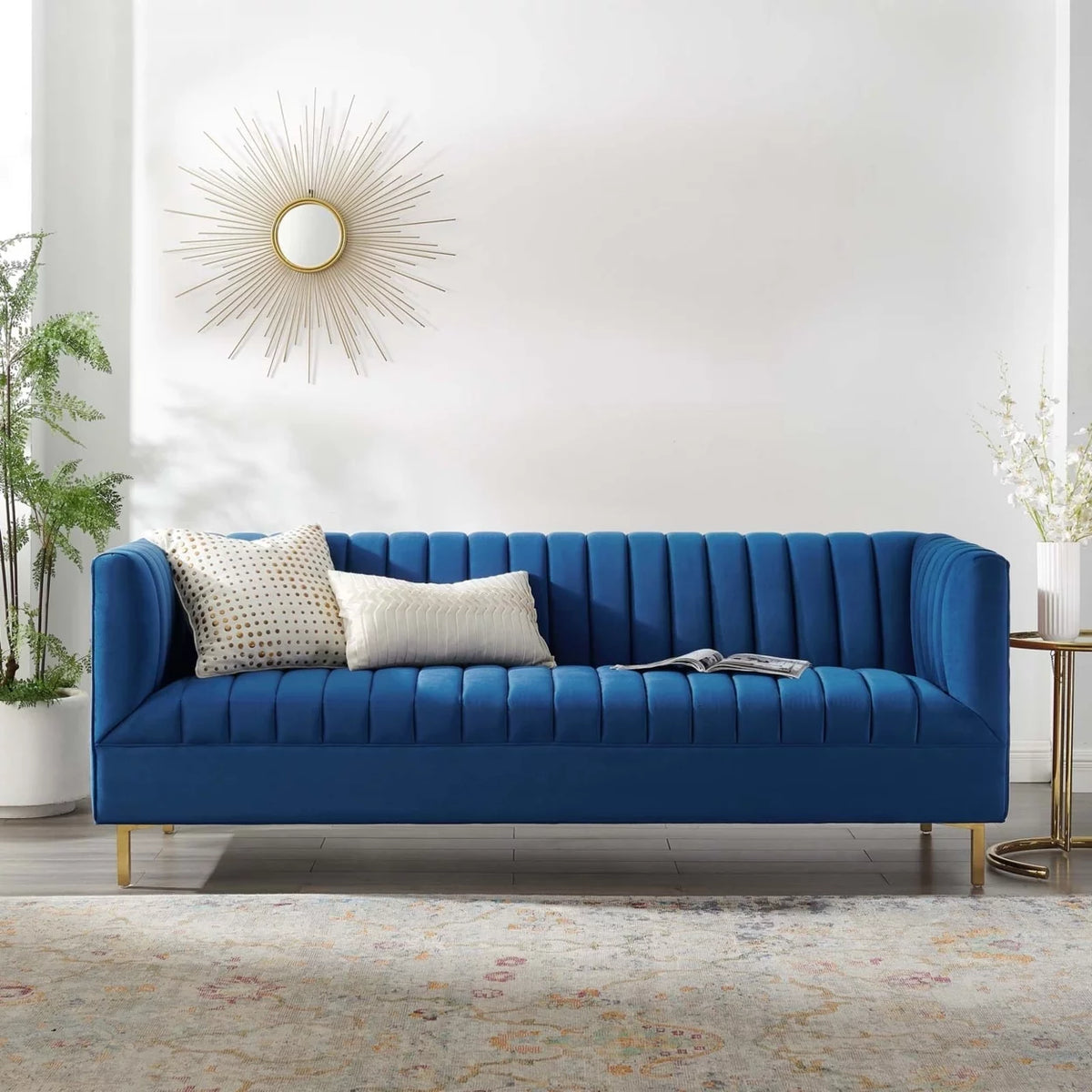 Navy Gold Channel Tufted Performance Velvet Sofa T235