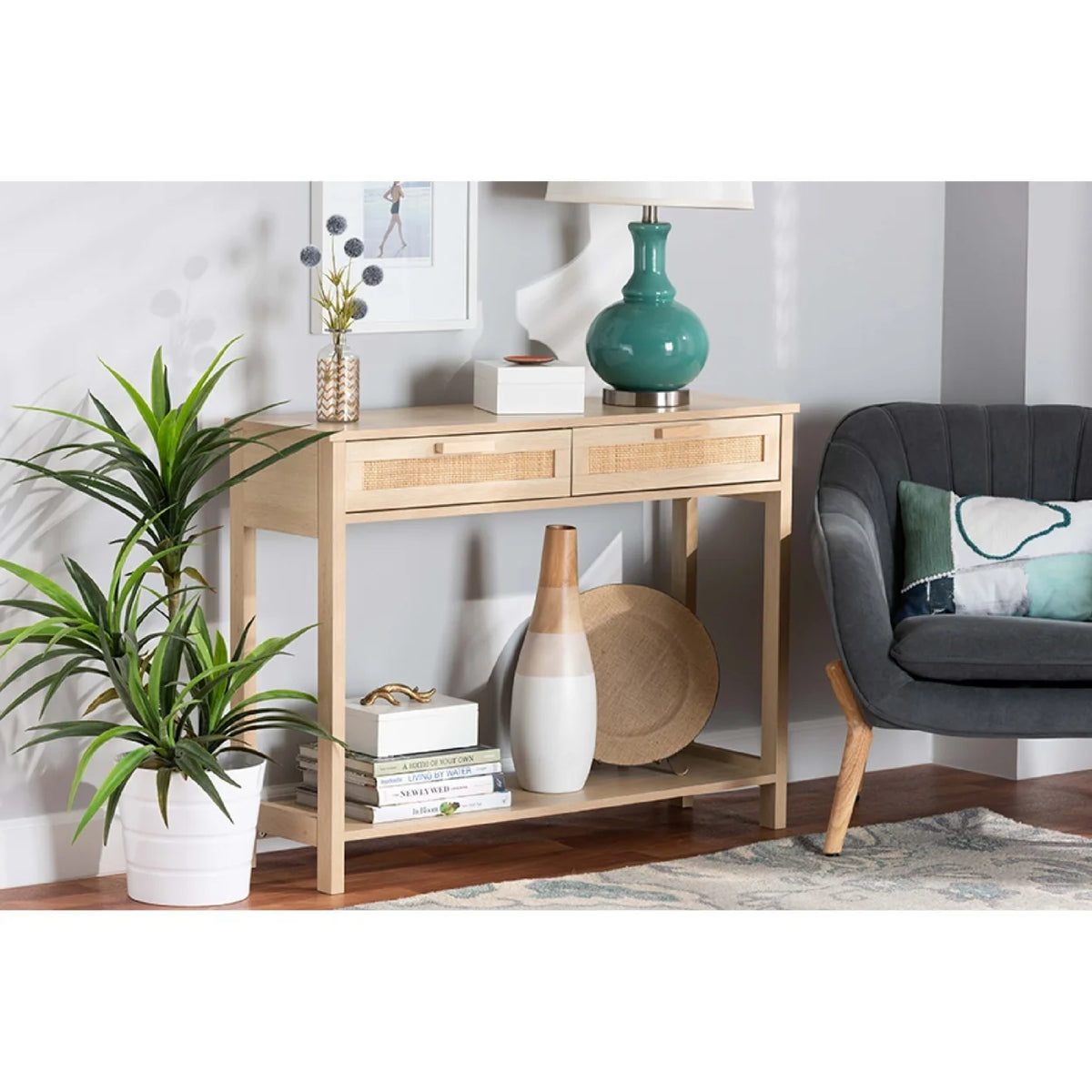 Light Brown Wood 2-Drawer Console Table with Rattan T357