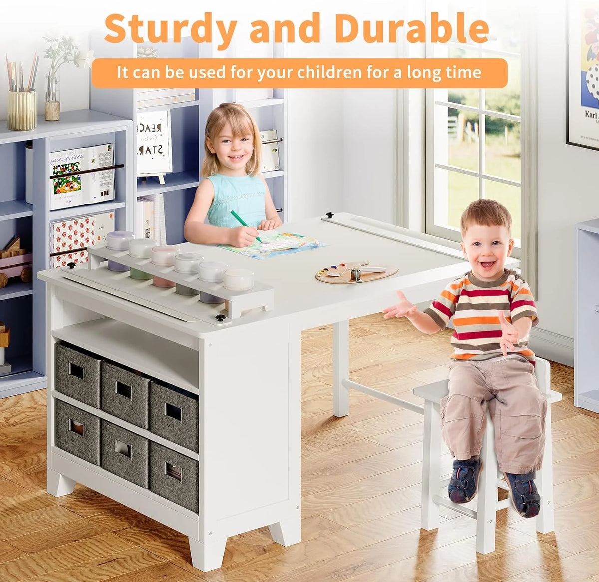 Wooden Kids Art Table and Chair Set with Storage Shelves L65874