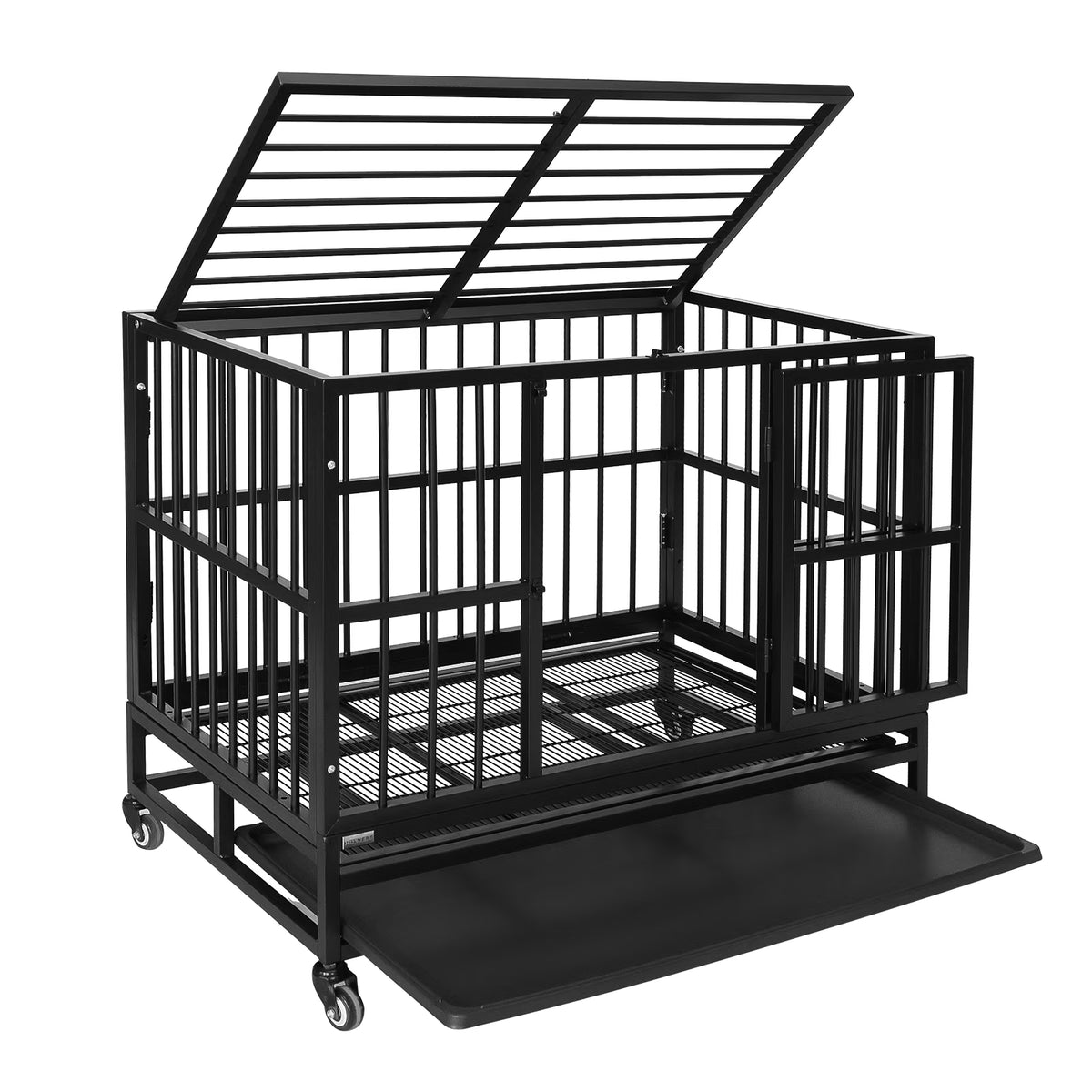 37" Heavy Duty Dog Crate Metal Cage with Removable Tray, Two Doors with Wheels I300129