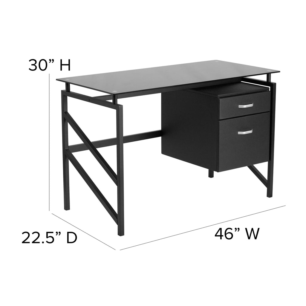 Black Two Drawer Pedestal Desk with Tempered Glass Top and Metal Frame Z913862