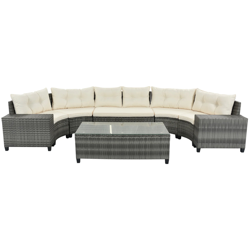 8 Pieces Beige Wicker Sofa Set with Glass Coffee Table L2198