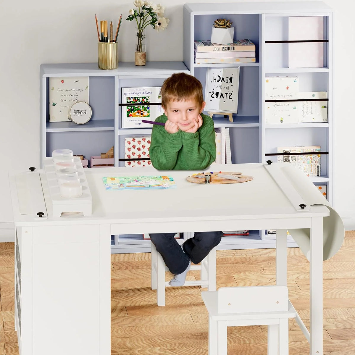 Wooden Kids Art Table and Chair Set with Storage Shelves L65874