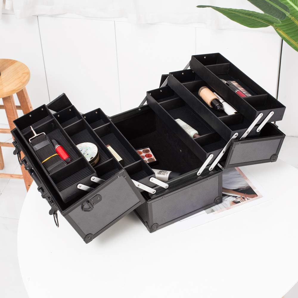 Portable Makeup Train Case with Lock and Compartments, black Y43909