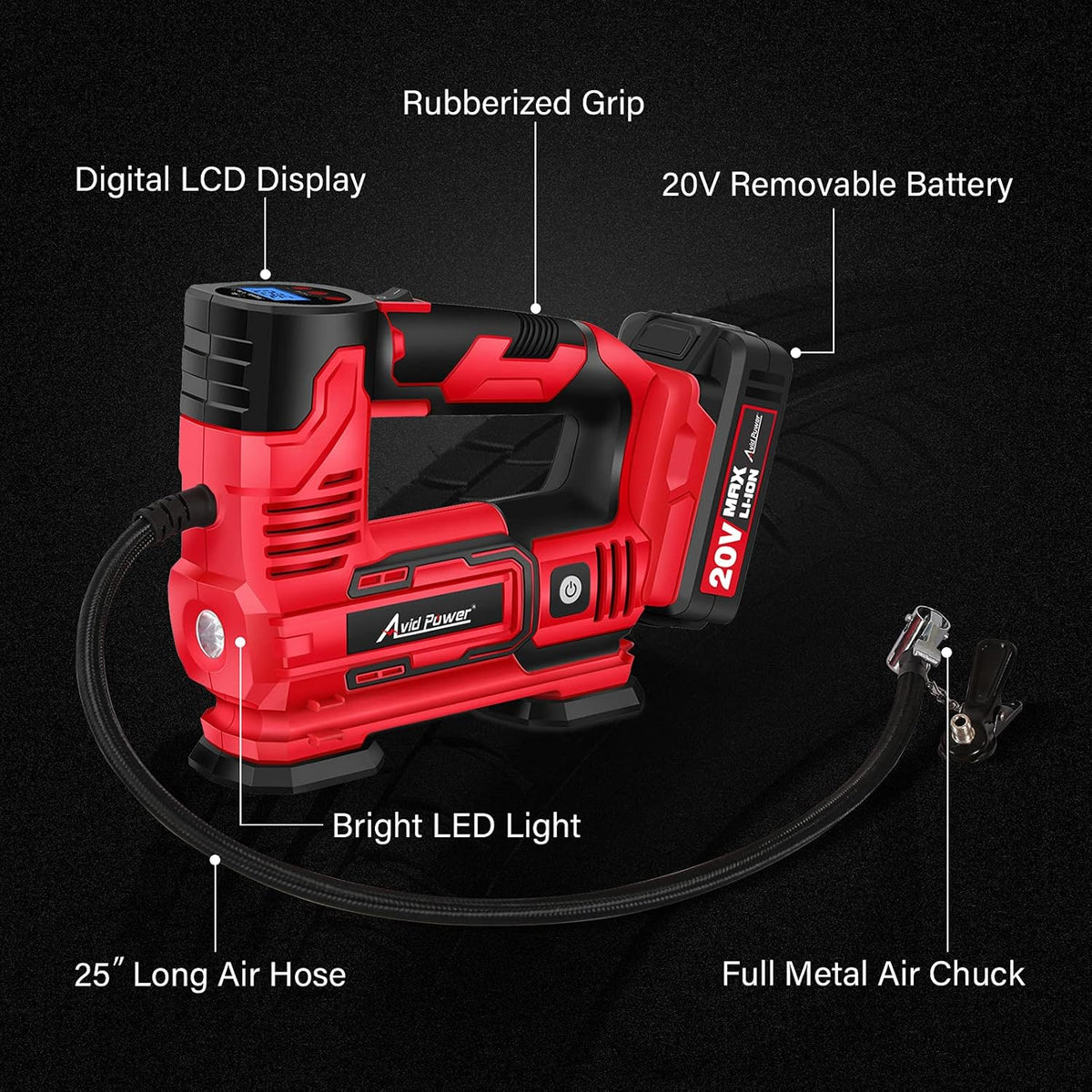 Tire Inflator Portable Air Compressor, 20V Cordless Car Tire Pump with Rechargeable Li-ion Battery, Digital Pressure Gauge W945414