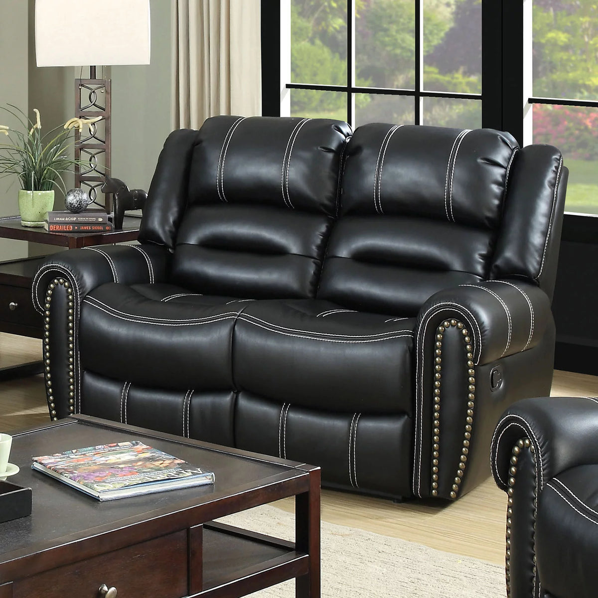 Black Leatherette Reclining Sofa and Loveseat 2pc Set P75696