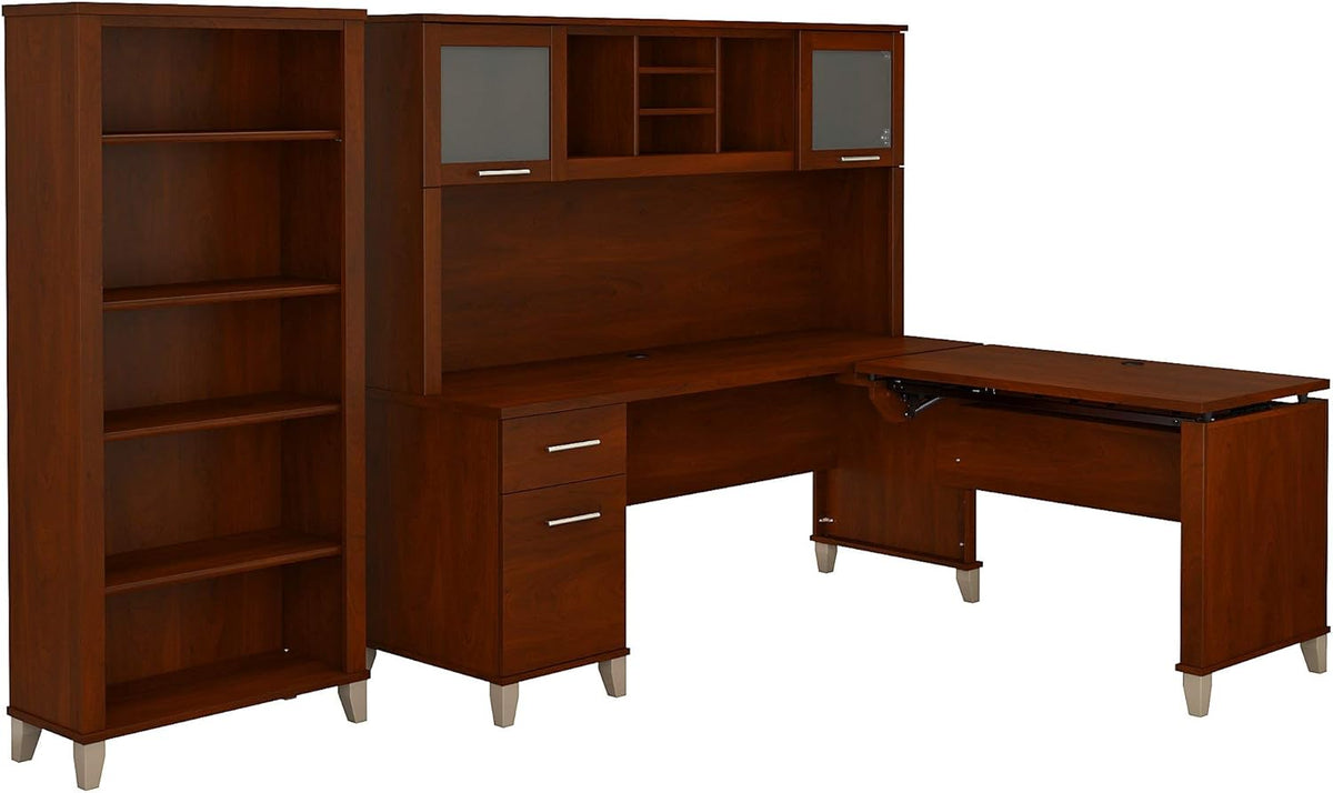 72W L Shaped Sit to Stand Desk with Hutch and Bookcase Y8940