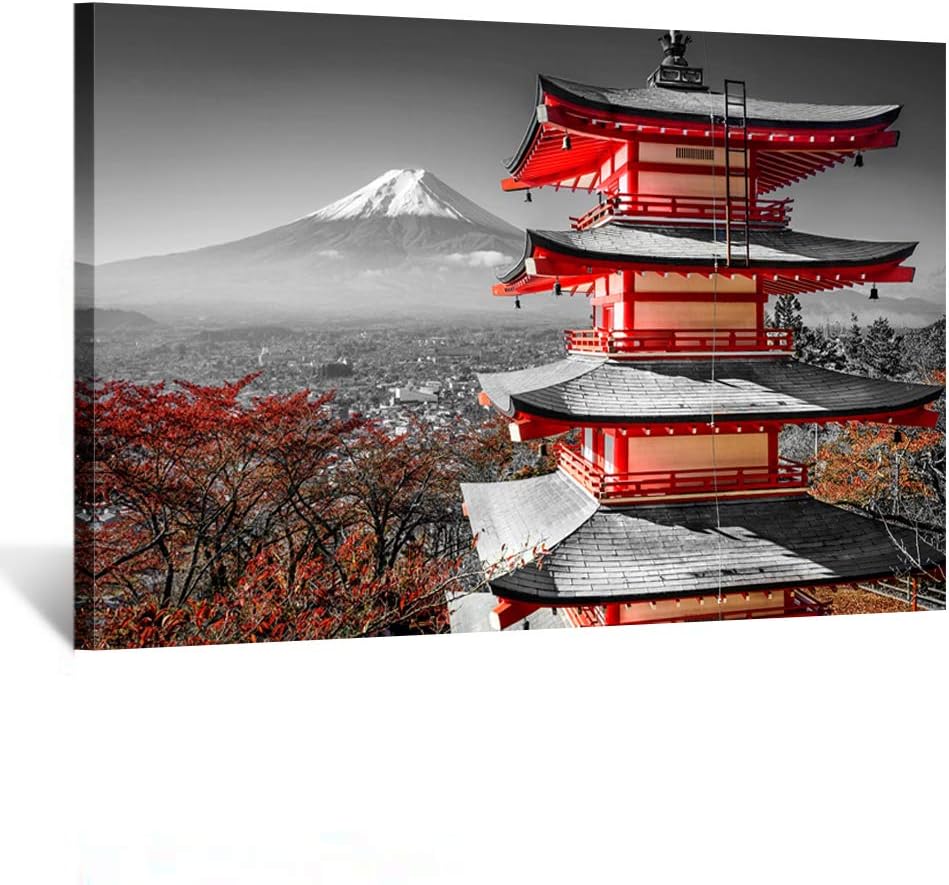 Black and White Photograph with Pop of Red on a Chinese Shrine Canvas Prints Wall Art Fall Landscape Photo to Canvas Giclee Artwork with Frame Ready to Hang Home Decor 24x36inch M1020