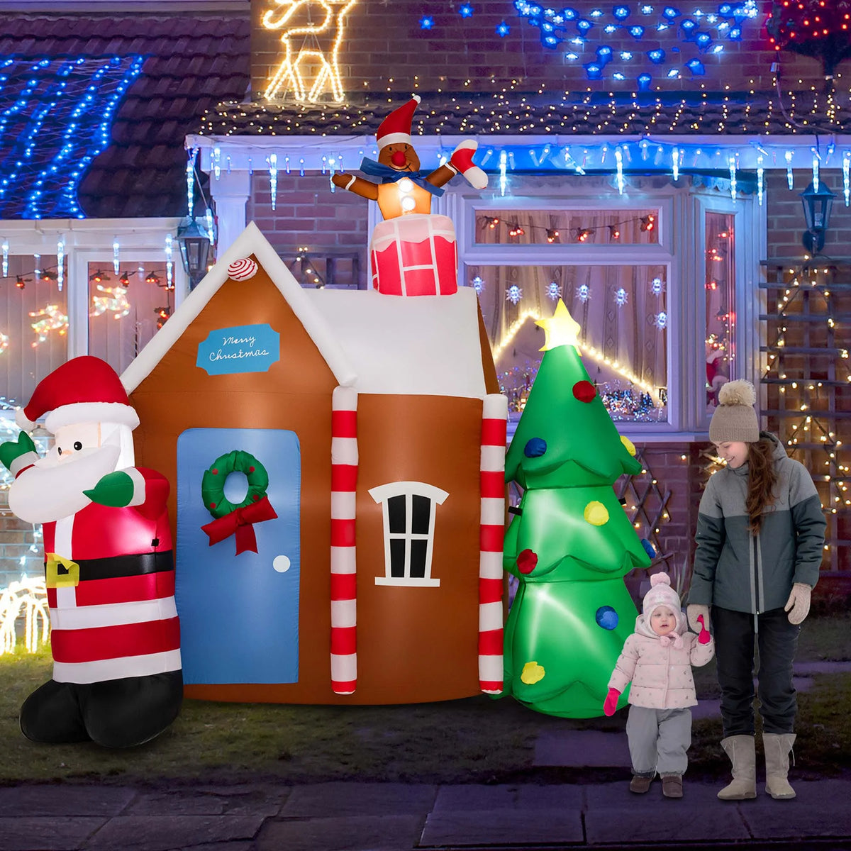 7 FT Inflatable Christmas Ginger House with Santa Claus Christmas Tree LED Lights P7264
