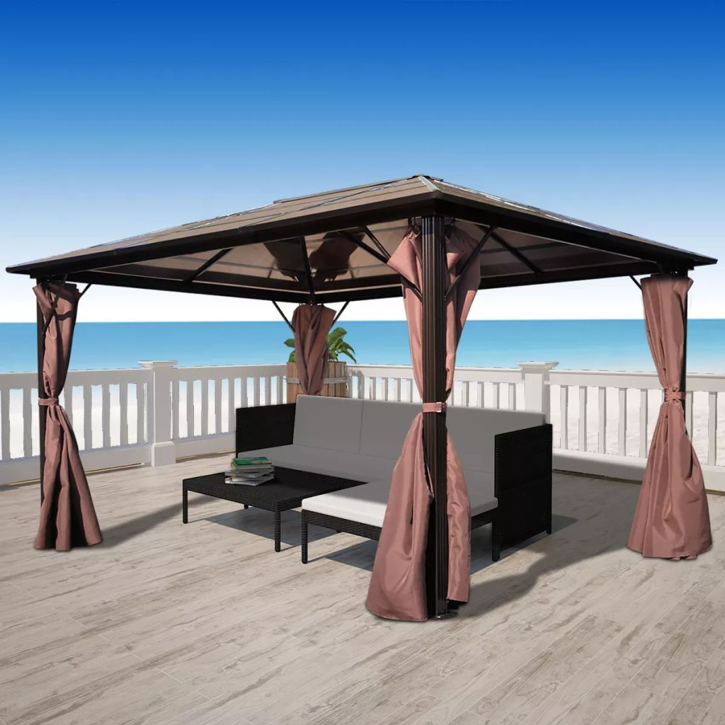 Gazebo with Curtain Sunshade Shelter Hook, Loop Fastener Sunlight Brown Aluminum 13' x 10' x 8' R628