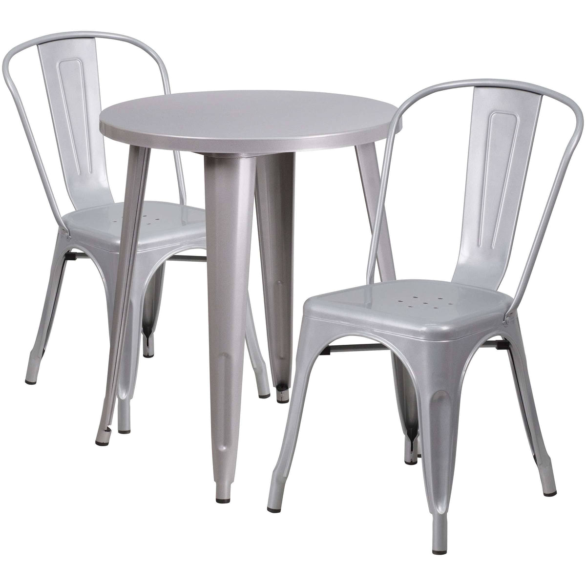 Silver Round Metal Table Set with 2 Cafe Chairs Z3614