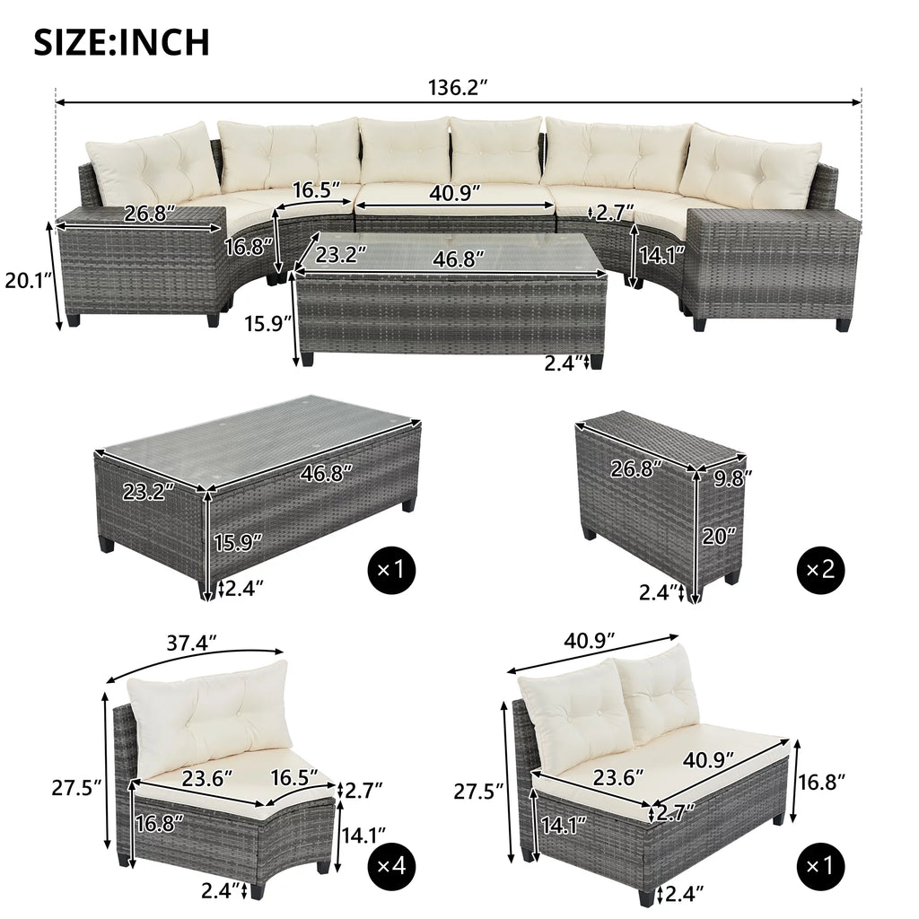 8 Pieces Beige Wicker Sofa Set with Glass Coffee Table L2198
