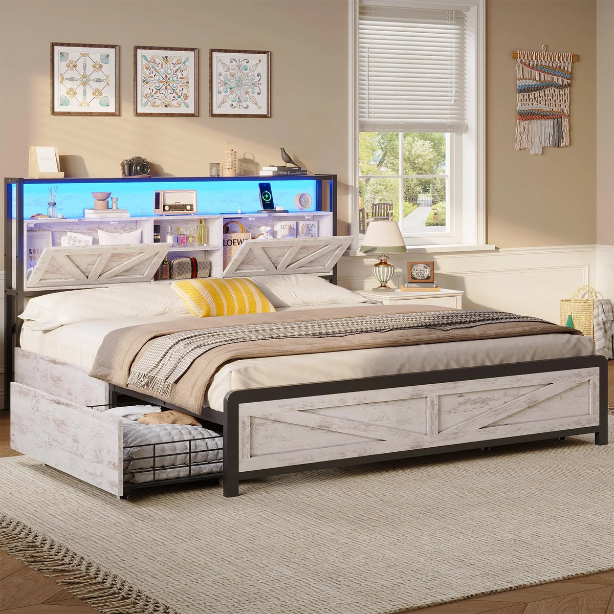 Washed Oak Grey Full Size Bed Frame with 4 Drawers A552