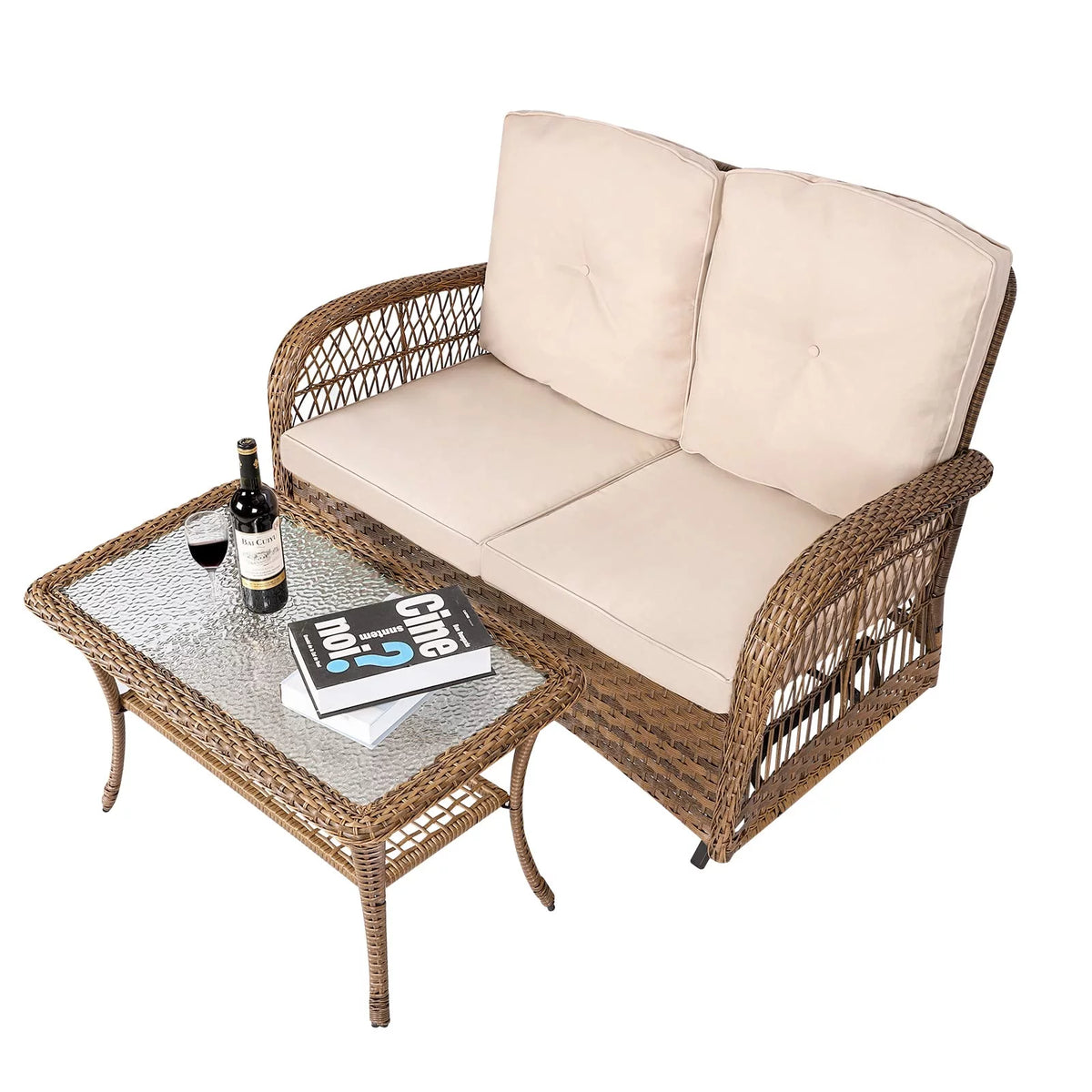 2-Piece Wicker Loveseat Glider Set with Coffee Table and Cushions J348