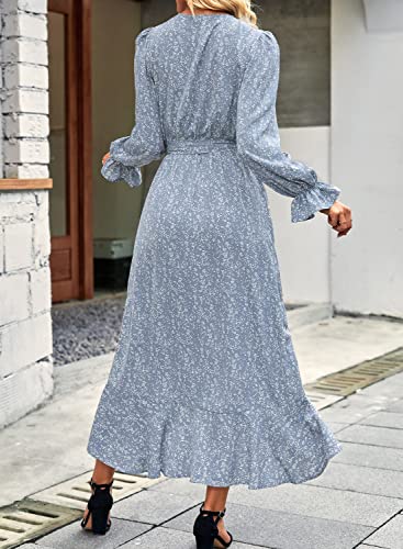 Women Long Sleeve Wrap Maxi Dress V Neck Floral High Waist Flowy Ruffle Dresses with Belt G37357