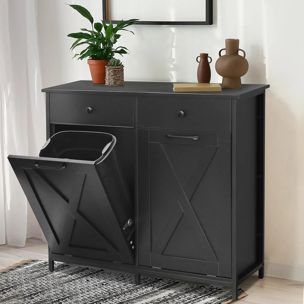 Double Tilt Out Trash Cabinet Freestanding Recycling Cabinet Garbage Can Holder with Drawers K5199
