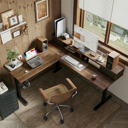 Black L Shaped Electric Standing Desk with 2 Drawers F218657