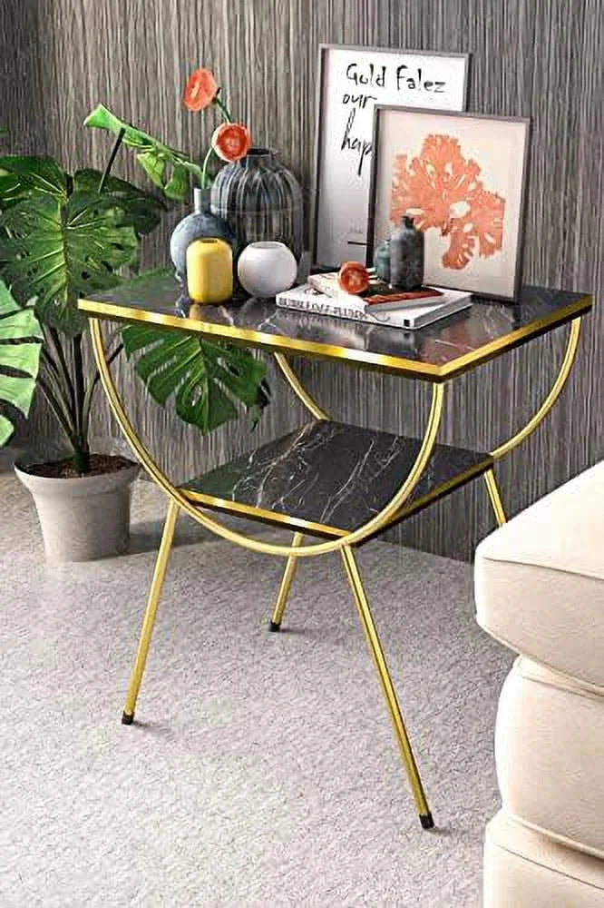 White Marble Nightstand with Gold Metal Legs H97287