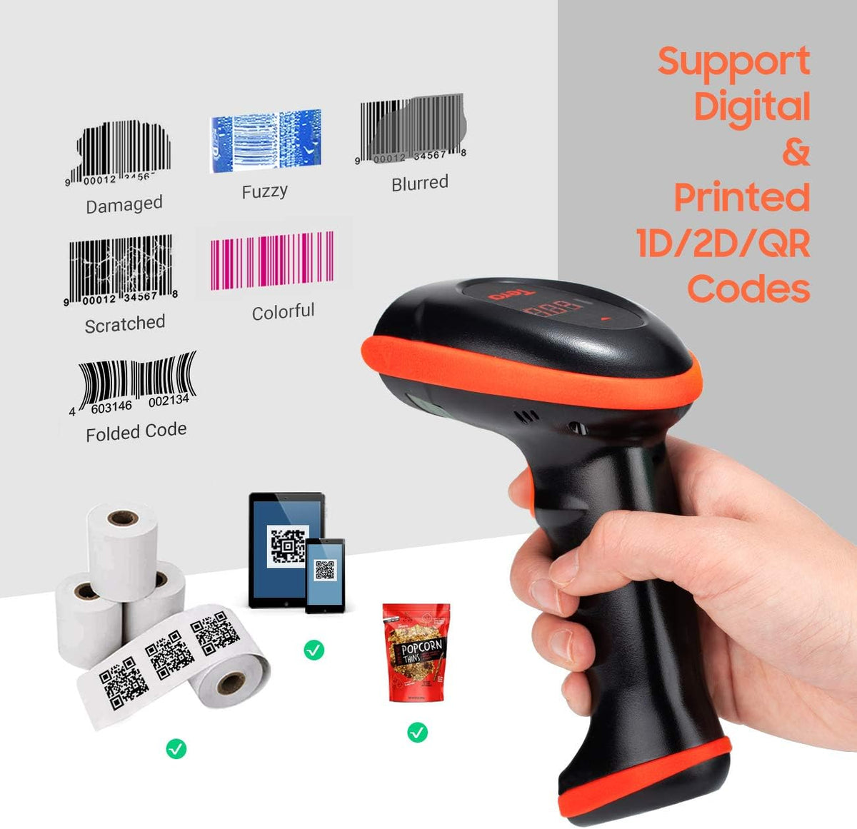 Wireless 1D 2D QR Barcode Scanner with Cradle Display Counting Screen Handheld Image Bar Code Reader V245268