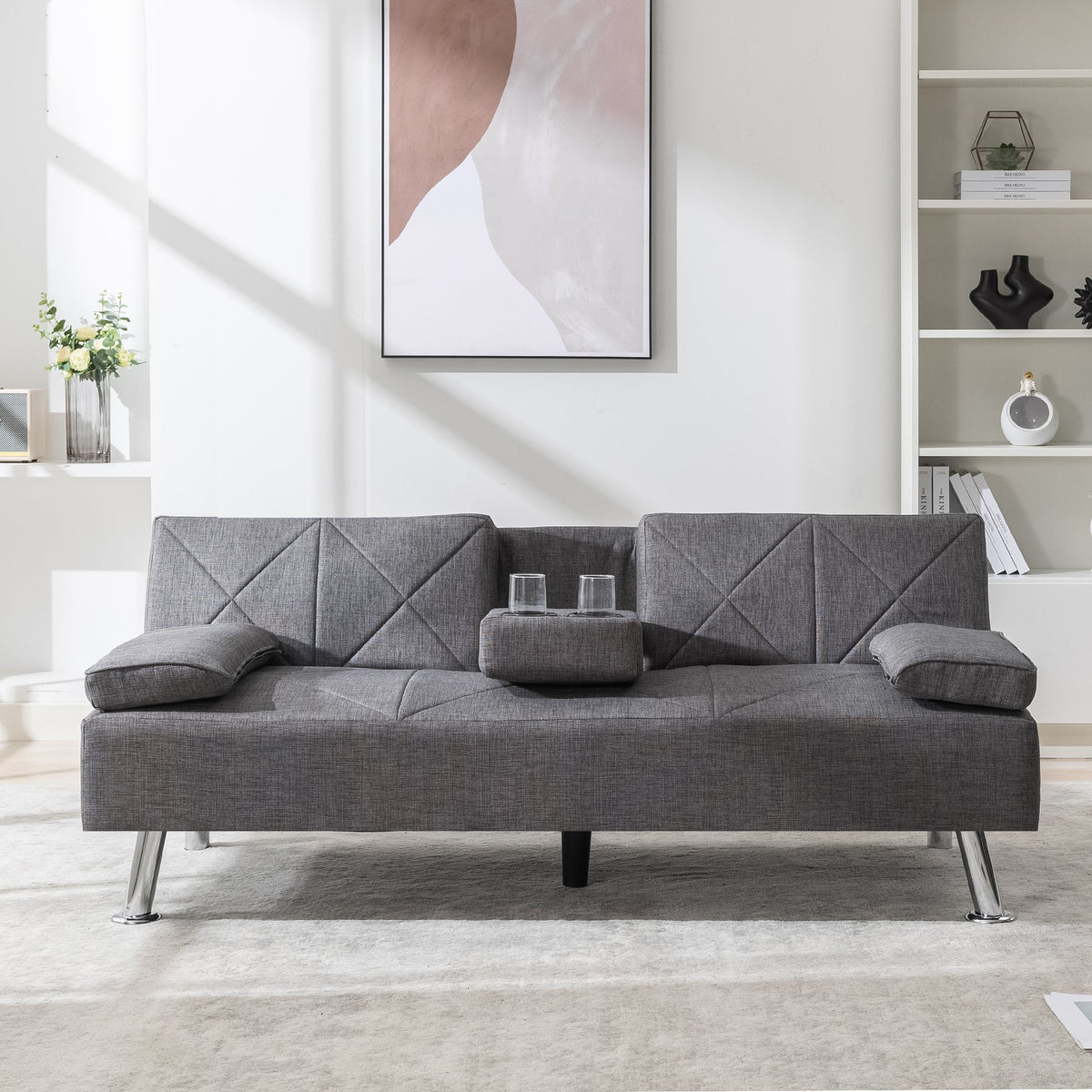 Gray Linen Convertible Folding Futon Sofa Bed with Removable Armrests R16984