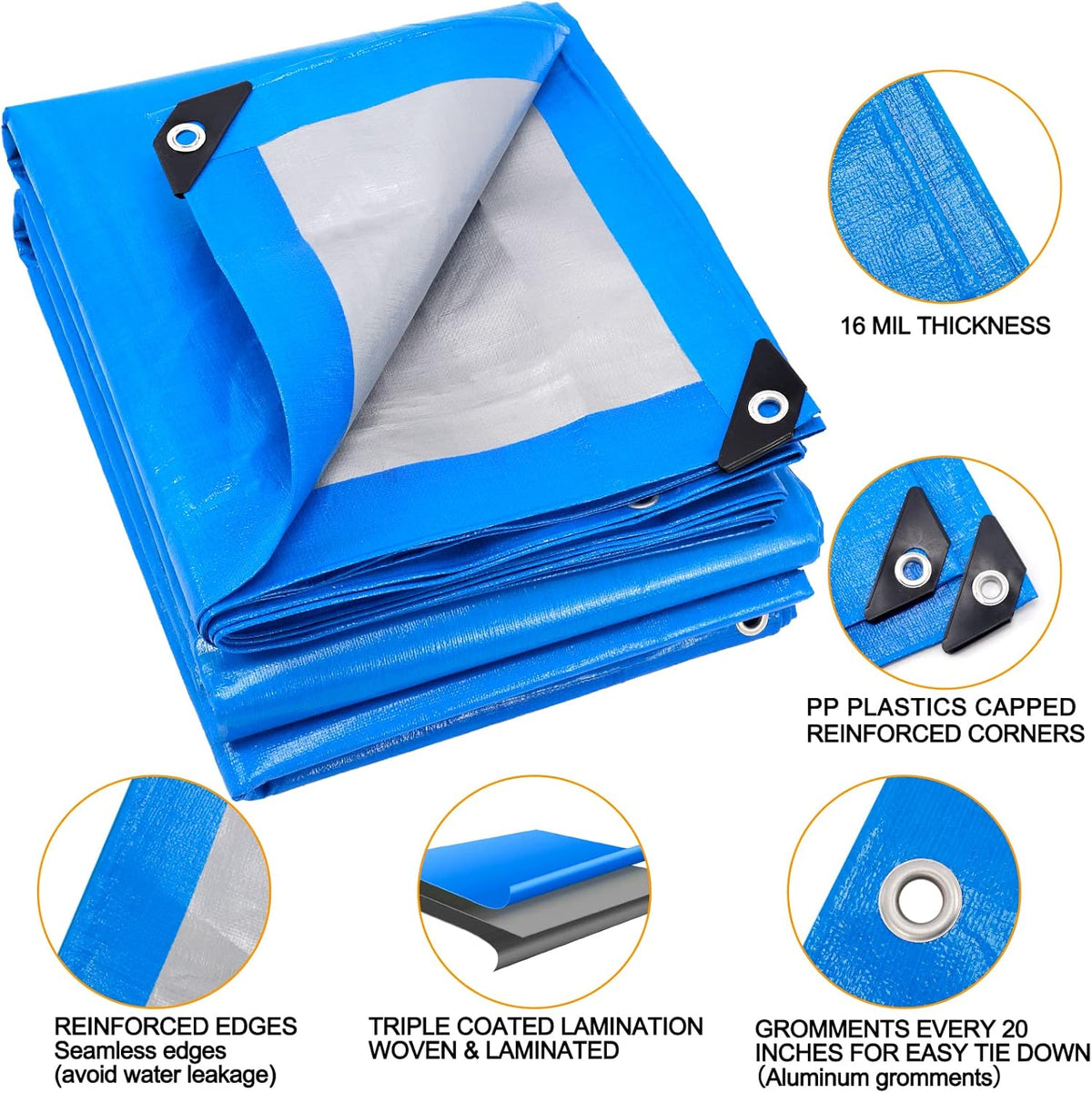 Blue 16x20 Heavy Duty Waterproof Plastic Tarpaulin with Metal Grommets V773172