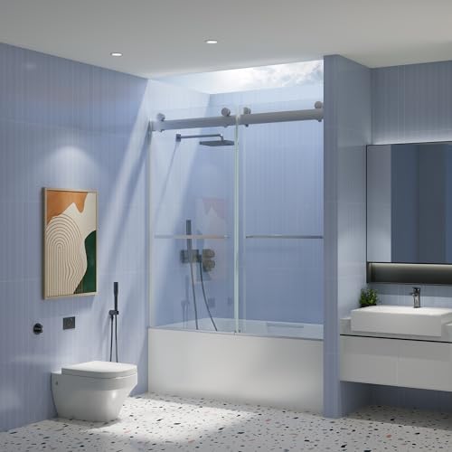 Brushed Nickel Frameless Sliding Tub Door with Clear Tempered Glass W149599