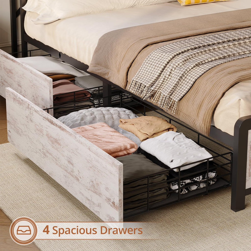 Washed Oak Grey Full Size Bed Frame with 4 Drawers A552