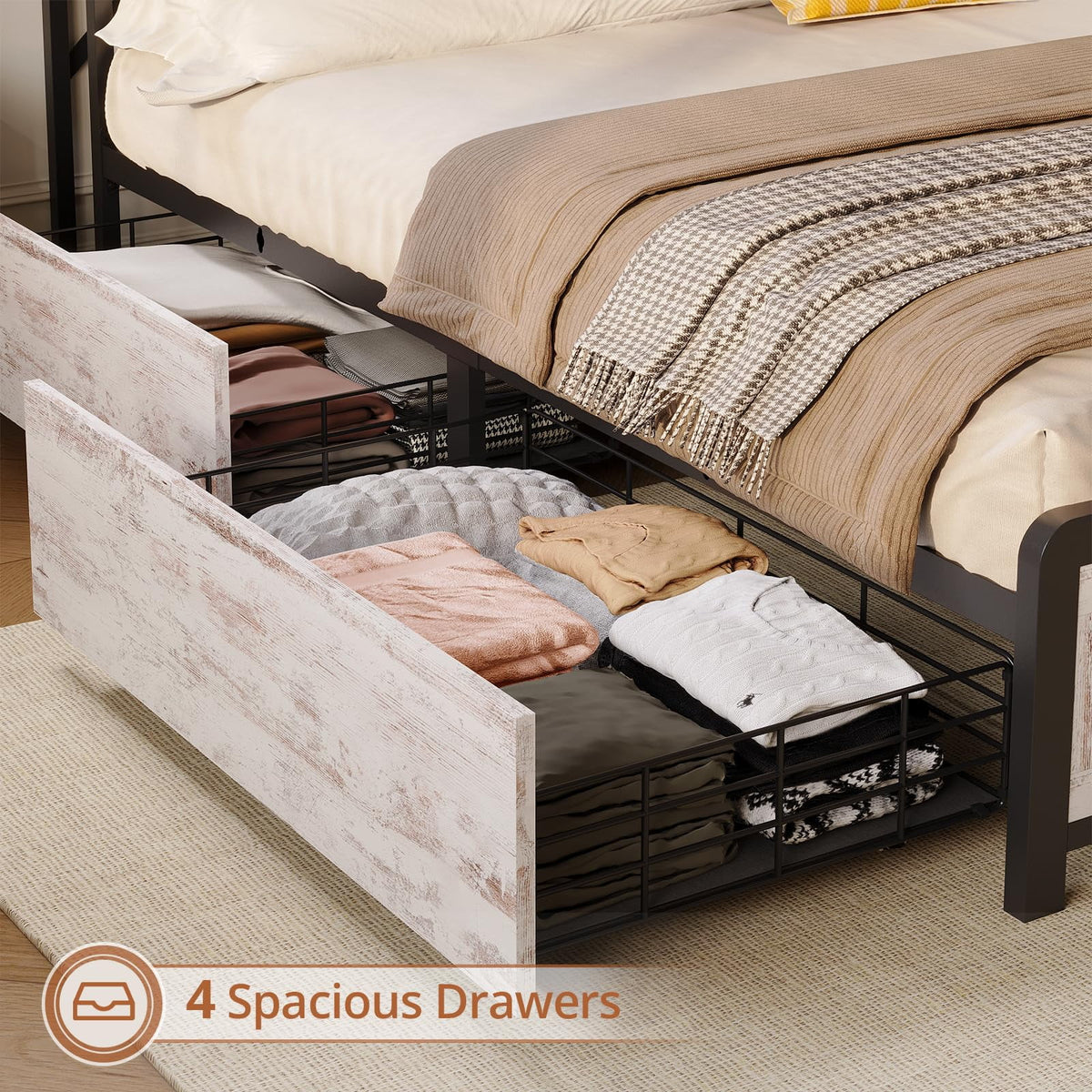 Washed Oak Grey Full Size Bed Frame with 4 Drawers A552