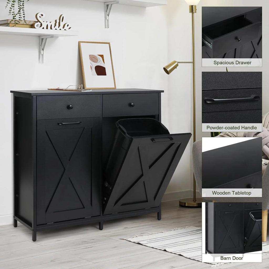 Double Tilt Out Trash Cabinet Freestanding Recycling Cabinet Garbage Can Holder with Drawers K5199