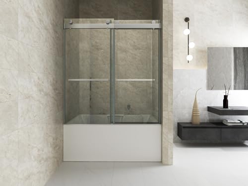 Brushed Nickel Frameless Sliding Tub Door with Clear Tempered Glass W149599