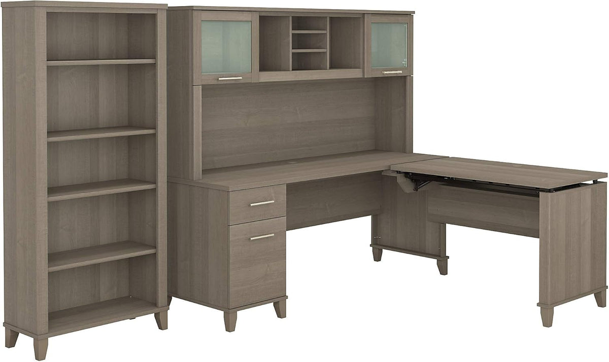 72W L Shaped Sit to Stand Desk with Hutch and Bookcase Y8940