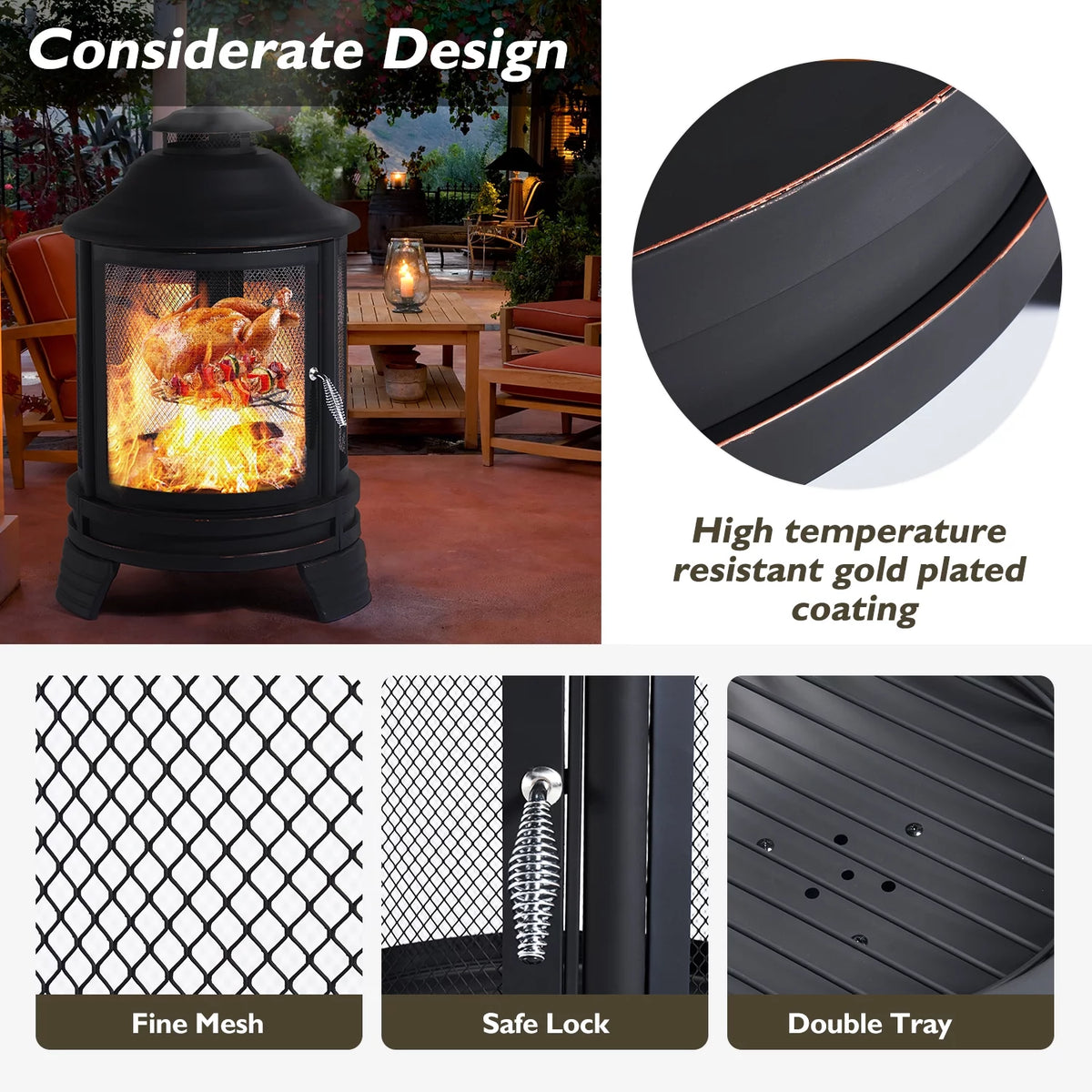 Black Pagoda 2 in 1 Fire Pit with Removable Grill H3117