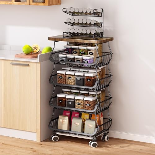 White 5 Tier Wire Fruit Basket with Wheels T390