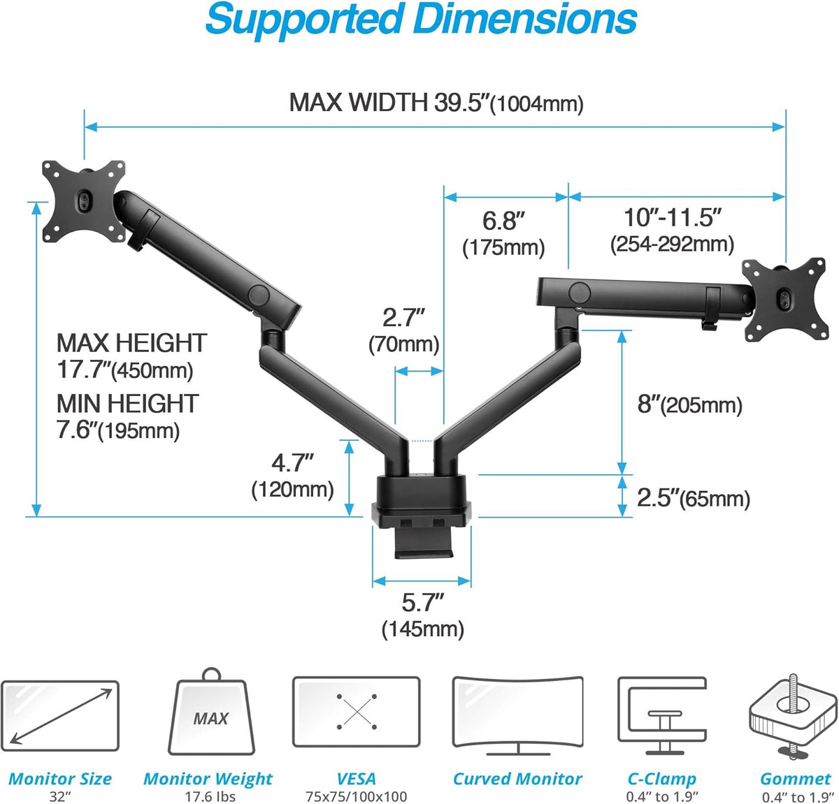 Laptop and Monitor Arm with 2 Full Motion Adjustable Arms W7944