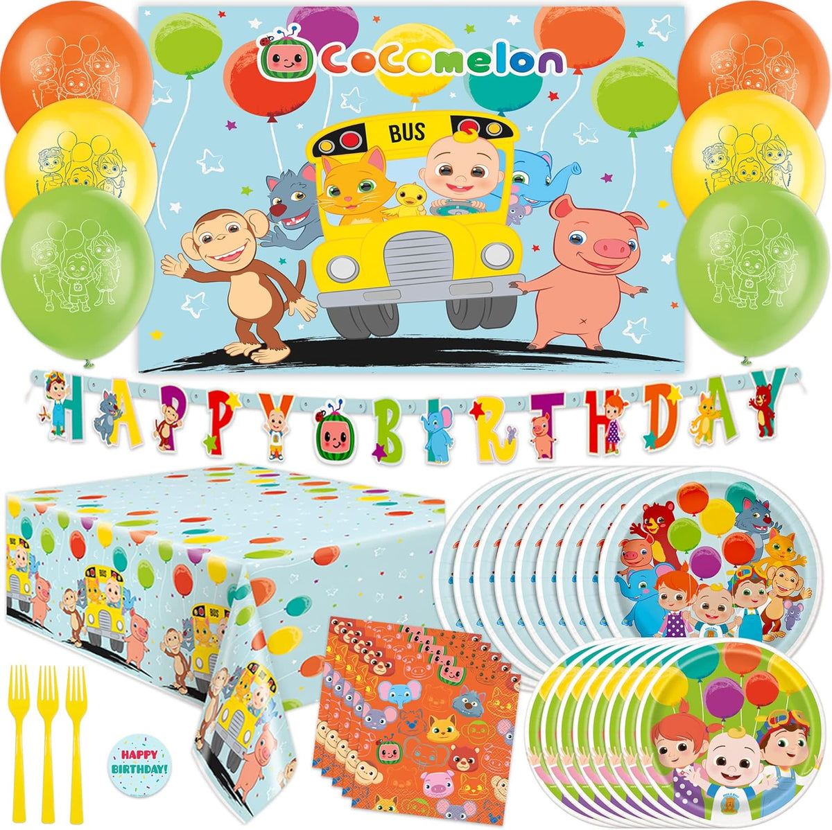 CoComelon Party Supplies Backdrop Balloons Tablecloth Plates Napkins Forks Sticker L791
