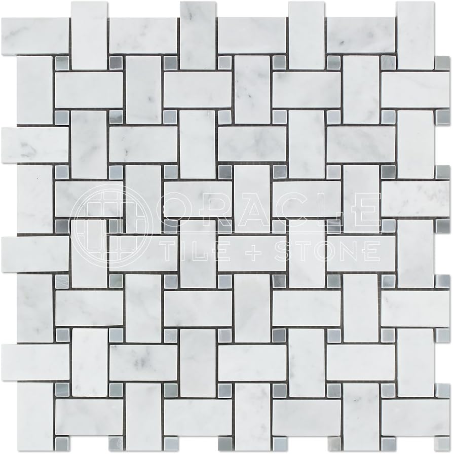 Carrara White Marble Basketweave Mosaic Tile with Blue Gray Marble Dots B69544