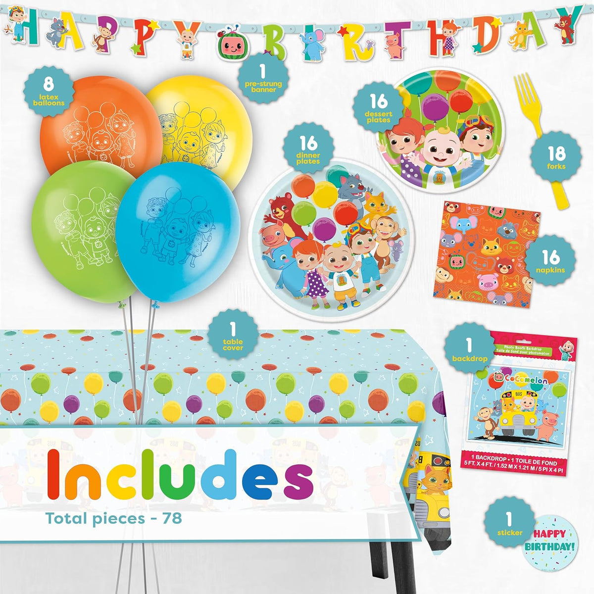 CoComelon Party Supplies Backdrop Balloons Tablecloth Plates Napkins Forks Sticker L791