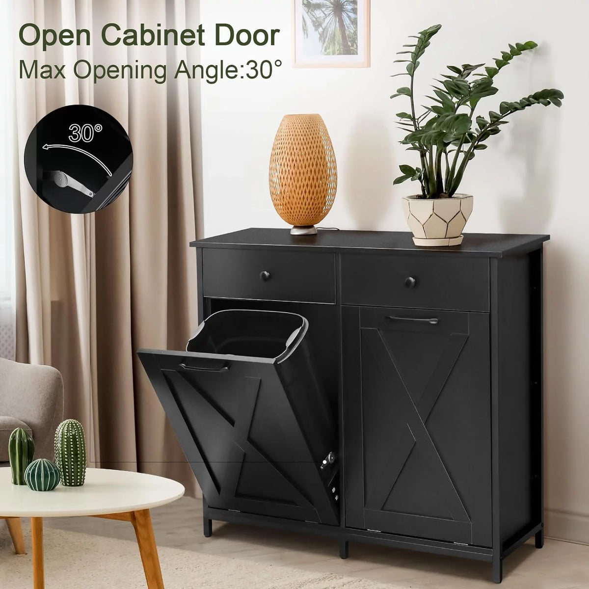 Double Tilt Out Trash Cabinet Freestanding Recycling Cabinet Garbage Can Holder with Drawers K5199