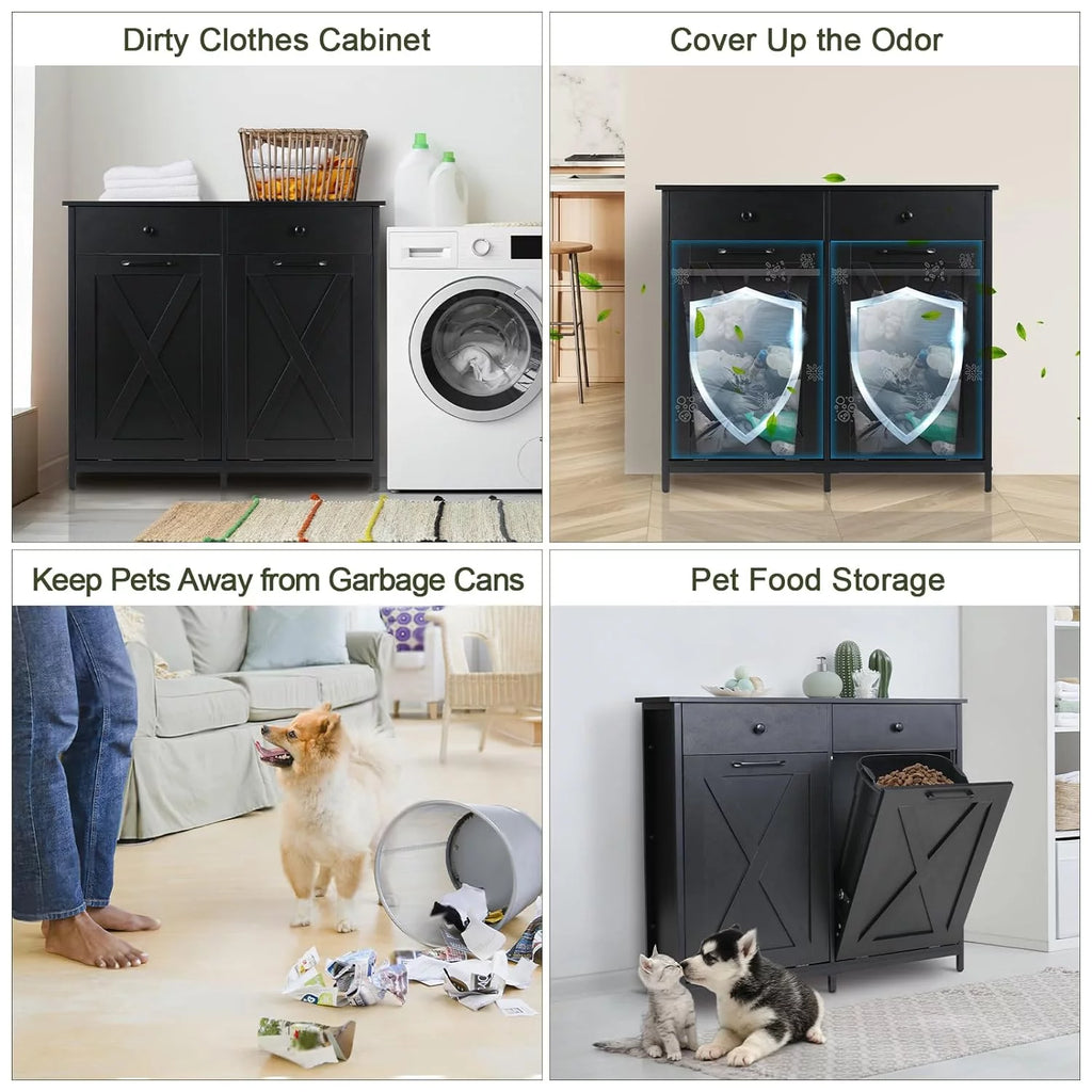 Double Tilt Out Trash Cabinet Freestanding Recycling Cabinet Garbage Can Holder with Drawers K5199
