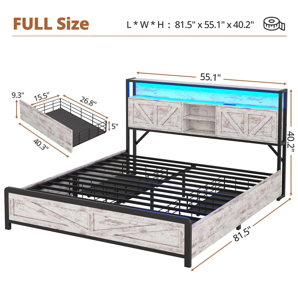 Washed Oak Grey Full Size Bed Frame with 4 Drawers A552