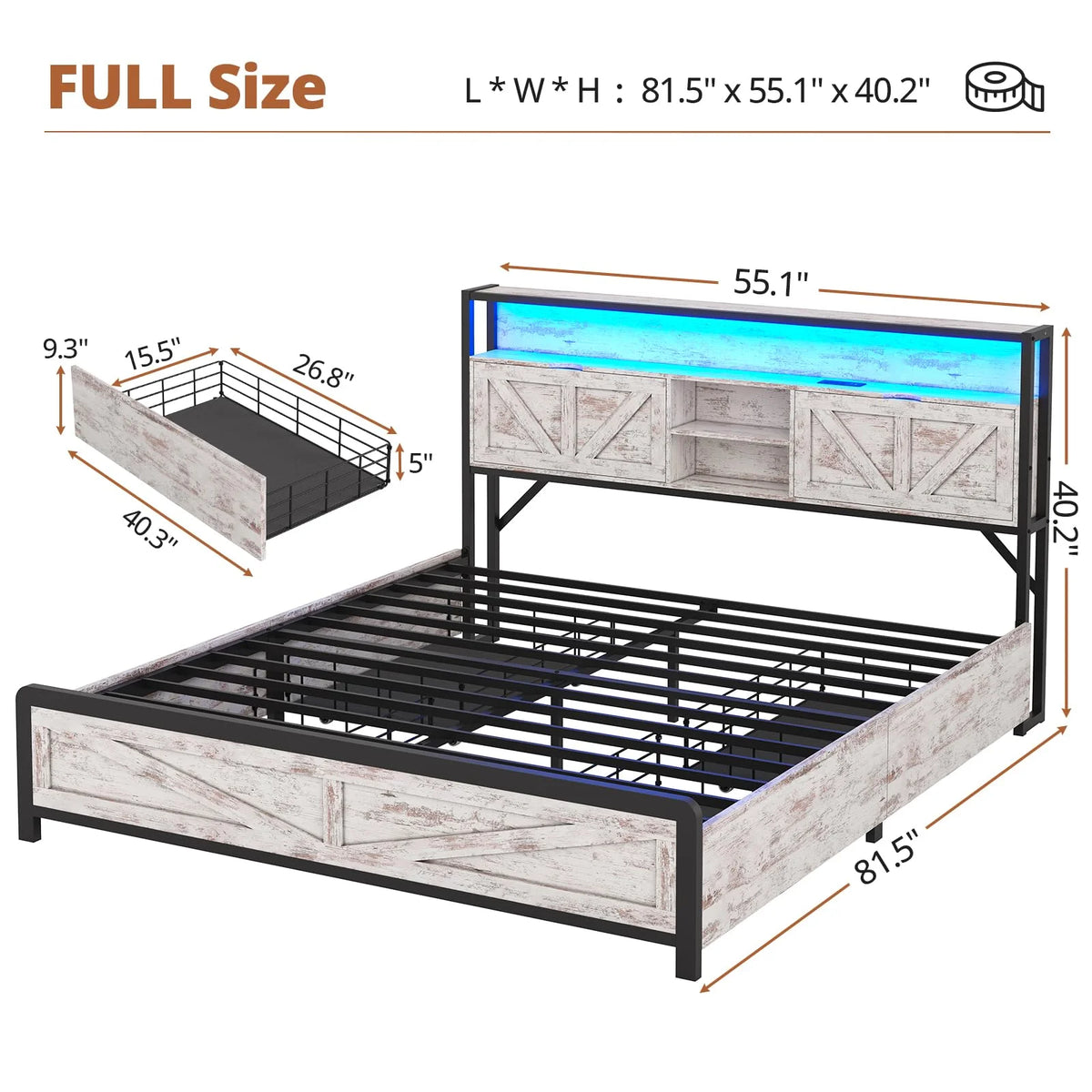 Washed Oak Grey Full Size Bed Frame with 4 Drawers A552
