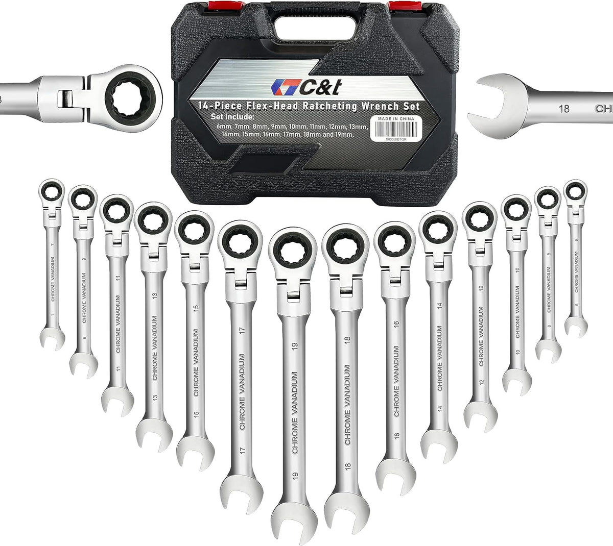14-Piece 180° Flex-Head Ratcheting Wrench Set Metric 6-19mm 72 Teeth CR-V Steel H661989