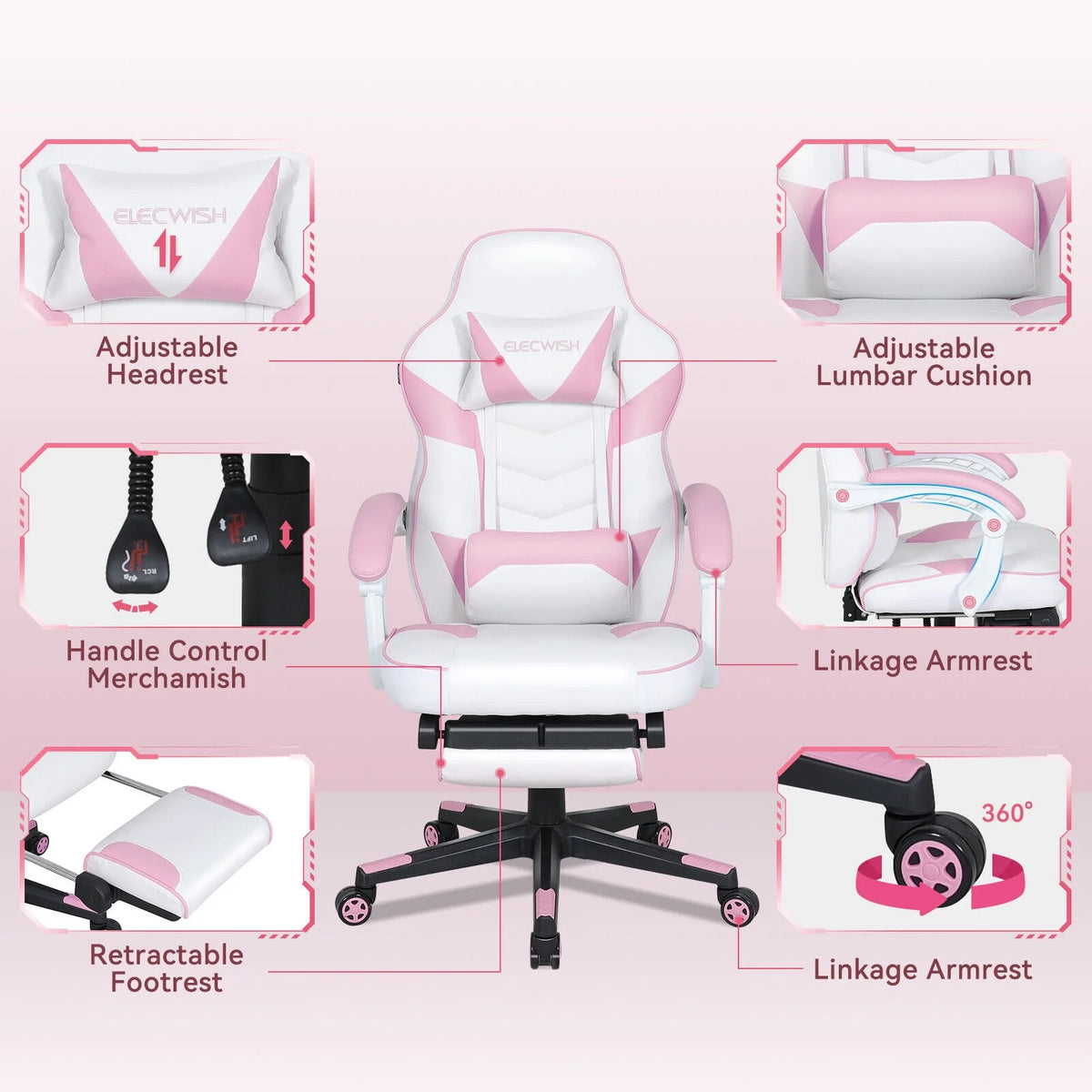 Pink Ergonomic Reclining Gaming Chair with Footrest K925833